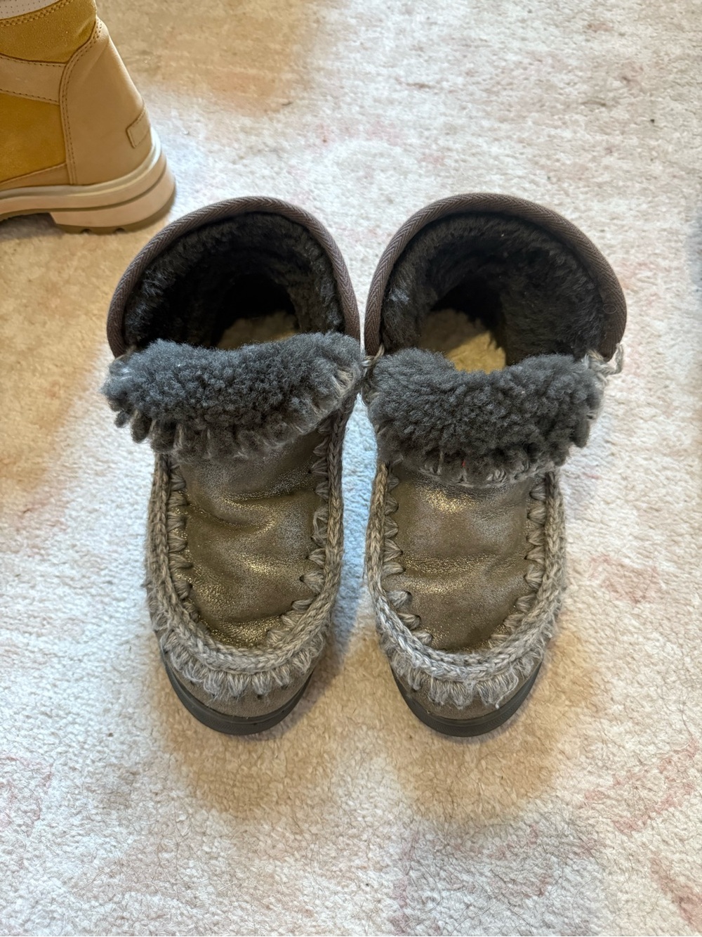 Mou Metallic Gray Suede Ankle Booties with woven trim